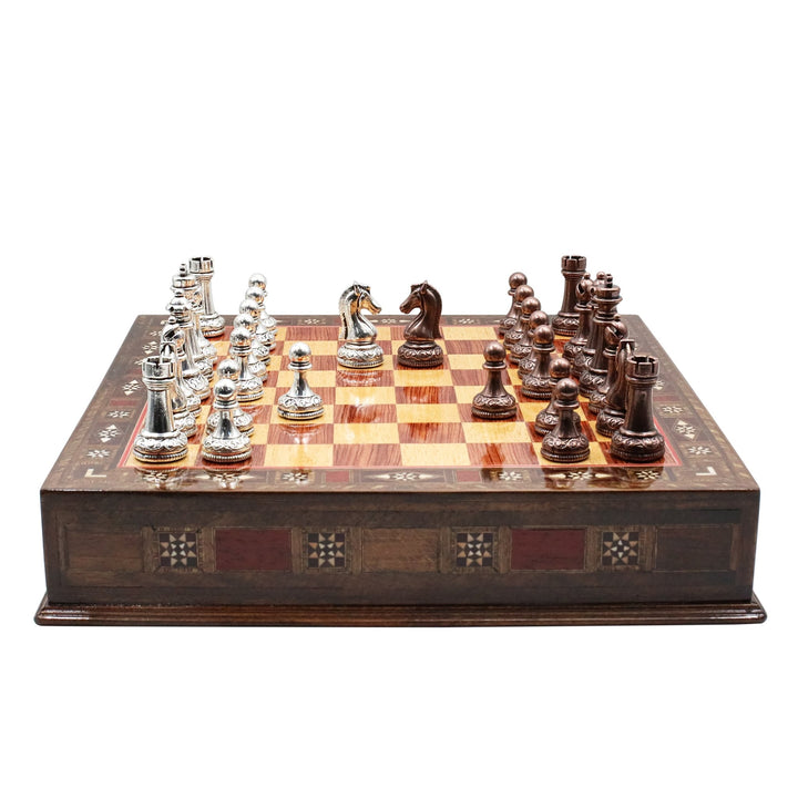 Classic Baroque Metal Chess Set With Solid Wood Storage Board w/ In - Built Drawer - Cooper Chess
