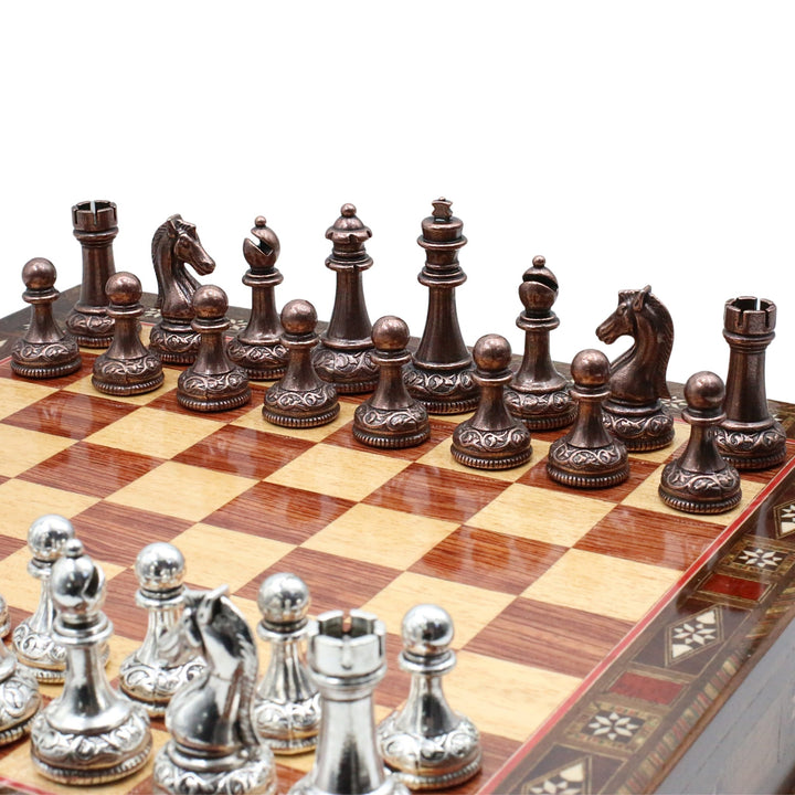 Classic Baroque Metal Chess Set With Solid Wood Storage Board w/ In - Built Drawer - Cooper Chess