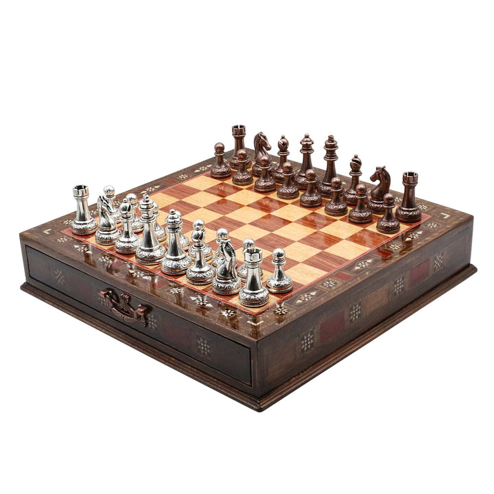 Classic Baroque Metal Chess Set With Solid Wood Storage Board w/ In - Built Drawer - Cooper Chess
