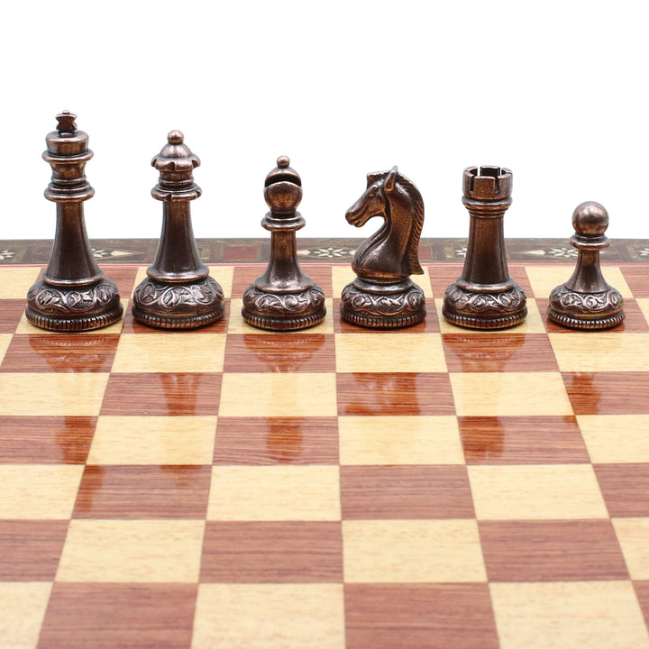 Classic Baroque Metal Chess Set With Solid Wood Storage Board w/ In - Built Drawer - Cooper Chess