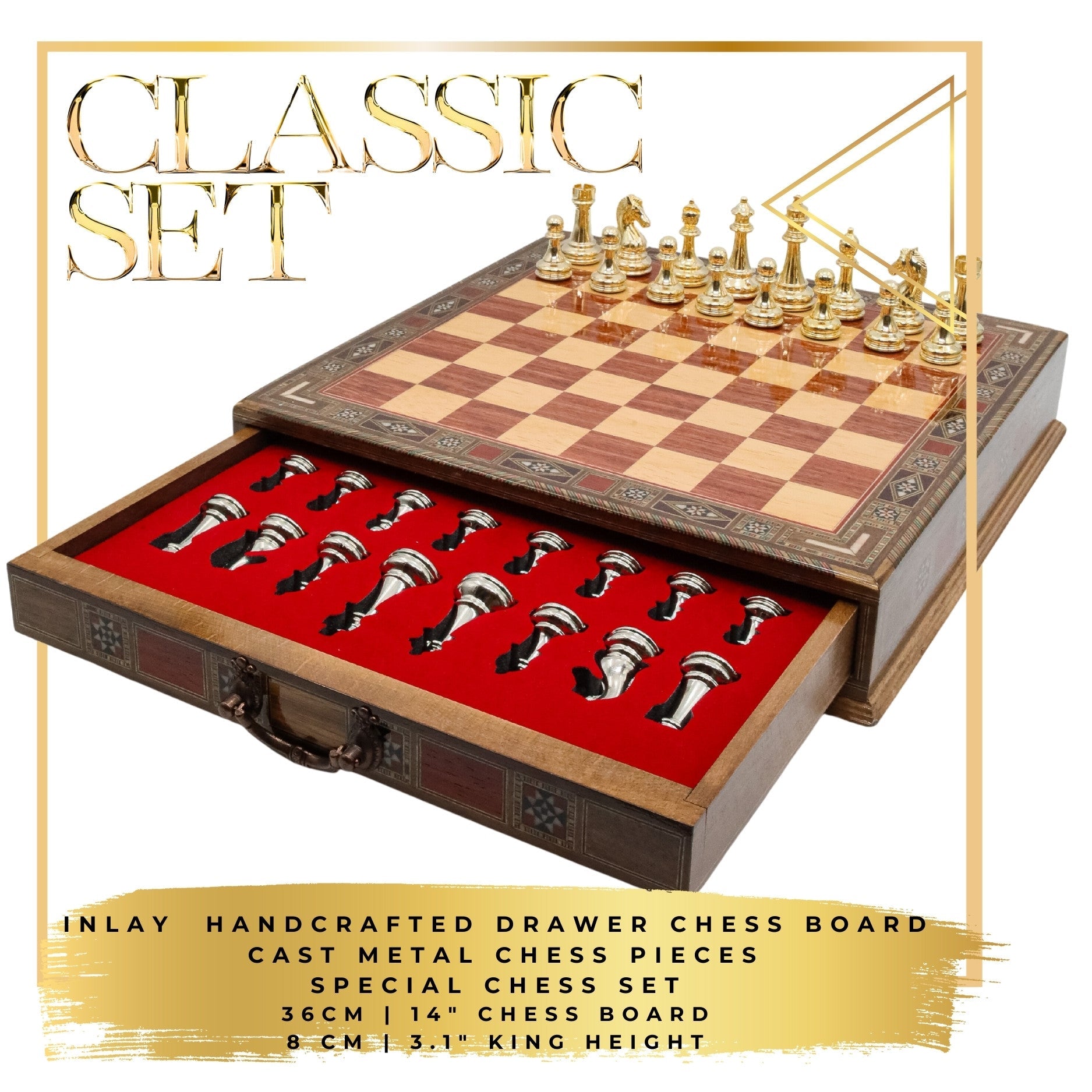 Gold Colour Metal Chess Set With Solid Wood Storage Board w/ In - Built Drawer - Die Cast Metal Chessmen | Staunton Chess Pieces, Personalised Chess Gift - Cooper Chess