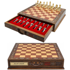 Gold Colour Metal Chess Set With Solid Wood Storage Board w/ In - Built Drawer - Die Cast Metal Chessmen | Staunton Chess Pieces, Personalised Chess Gift - Cooper Chess