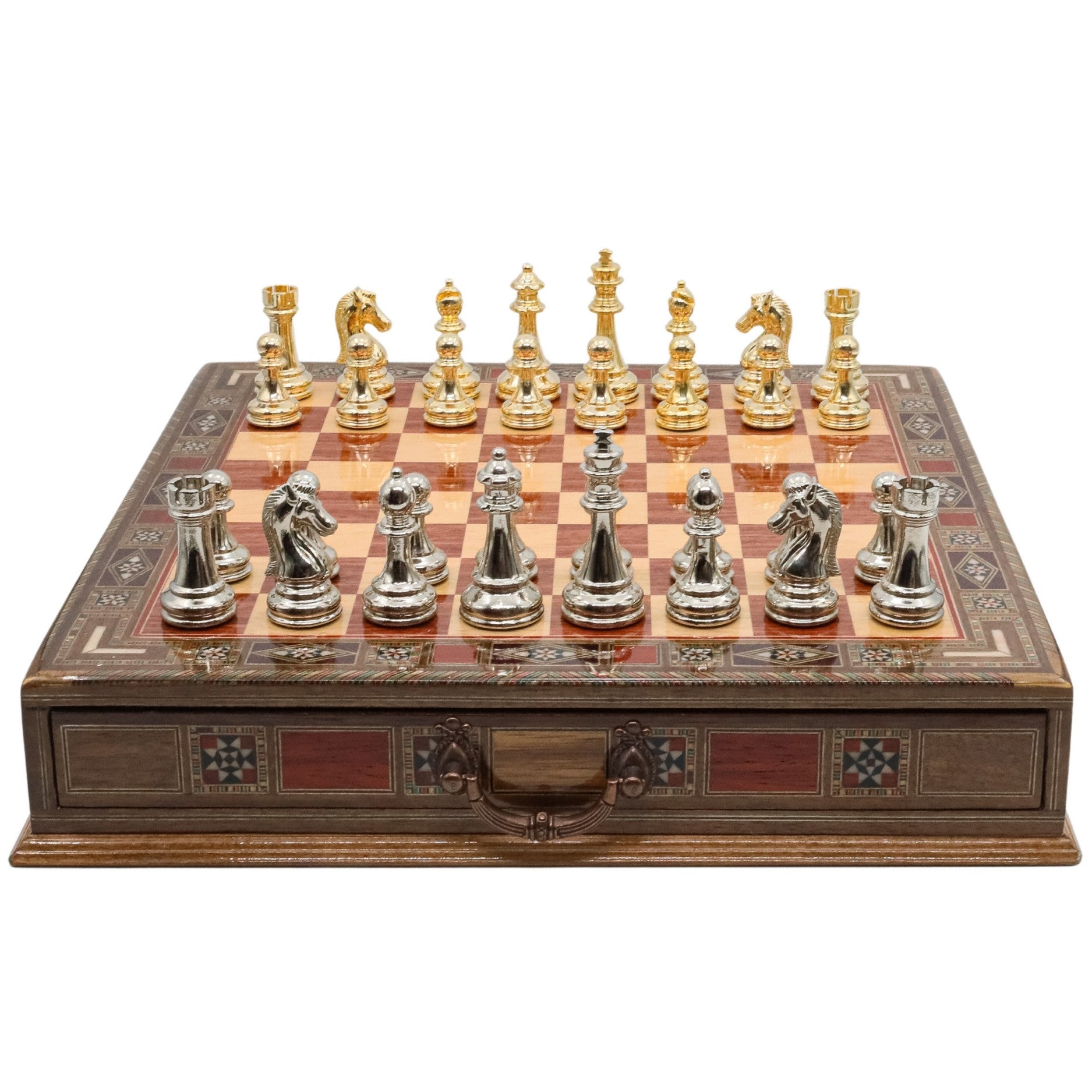 Gold Colour Metal Chess Set With Solid Wood Storage Board w/ In - Built Drawer - Die Cast Metal Chessmen | Staunton Chess Pieces, Personalised Chess Gift - Cooper Chess