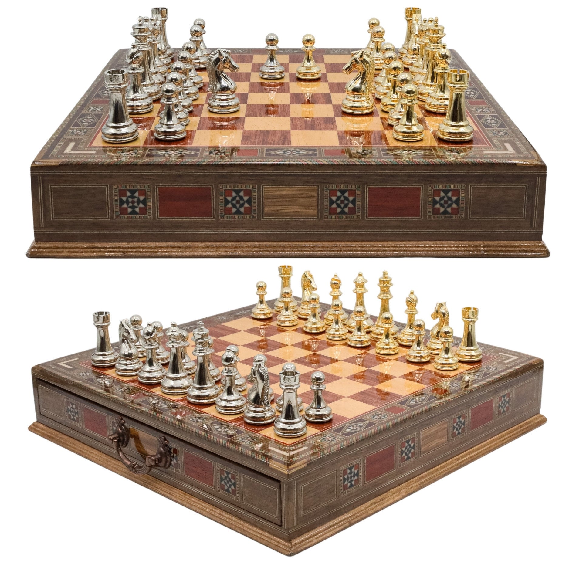 Gold Colour Metal Chess Set With Solid Wood Storage Board w/ In - Built Drawer - Die Cast Metal Chessmen | Staunton Chess Pieces, Personalised Chess Gift - Cooper Chess