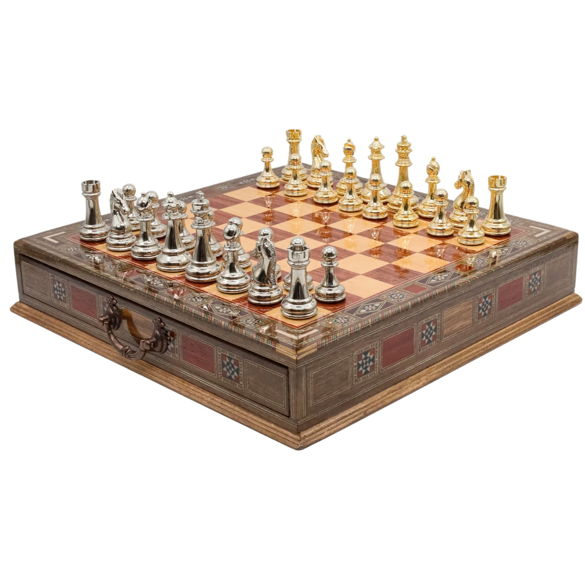 Gold Colour Metal Chess Set With Solid Wood Storage Board w/ In - Built Drawer - Die Cast Metal Chessmen | Staunton Chess Pieces, Personalised Chess Gift - Cooper Chess