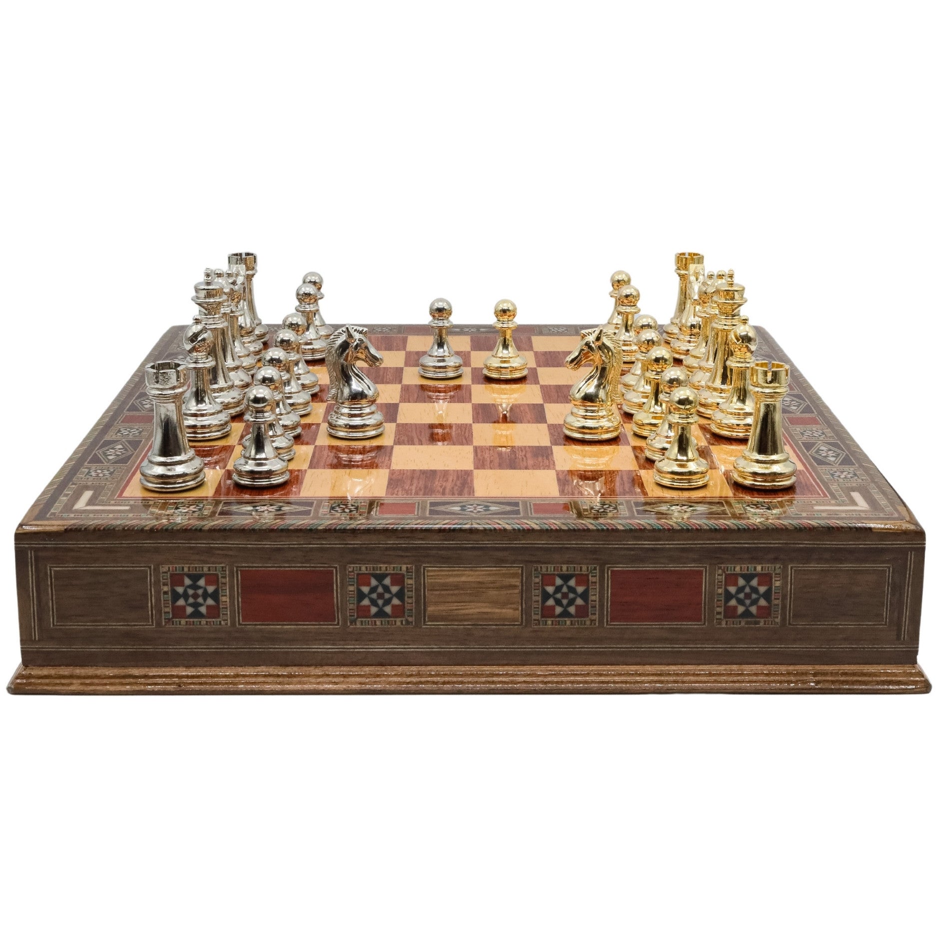 Gold Colour Metal Chess Set With Solid Wood Storage Board w/ In - Built Drawer - Die Cast Metal Chessmen | Staunton Chess Pieces, Personalised Chess Gift - Cooper Chess