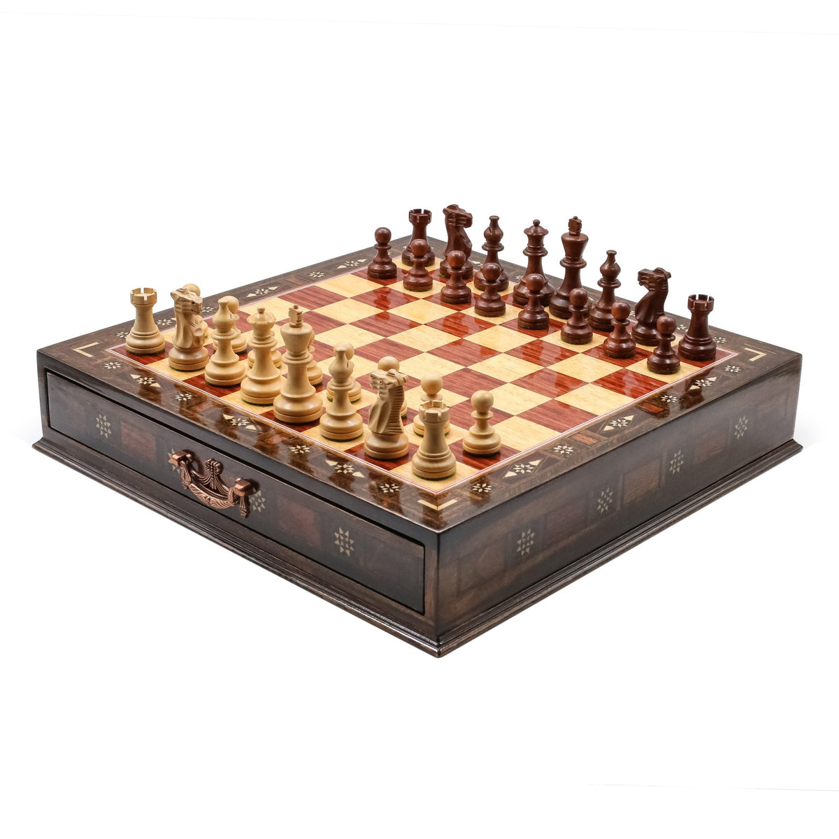 Handmade Inlay Chess Set with Drawer Storage 38 CM (15") - Weighted German Staunton Pieces w/ Extra Queens - Cooper Chess