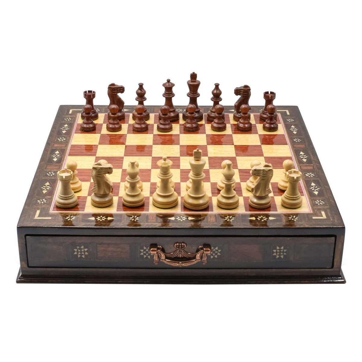 Handmade Inlay Chess Set with Drawer Storage 38 CM (15") - Weighted German Staunton Pieces w/ Extra Queens - Cooper Chess