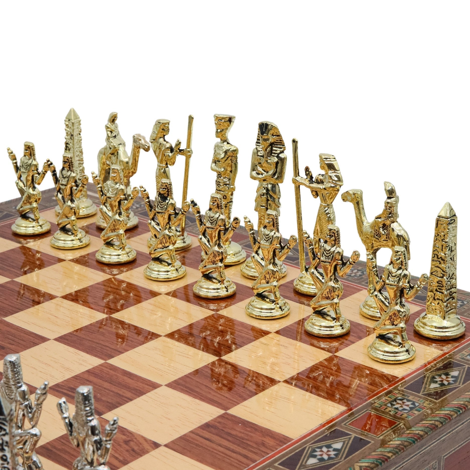 Handmade Inlay Chess Set with Drawer Storage - Die Cast Metal Pieces | Egyptian Queen Cleopatra - Cooper Chess