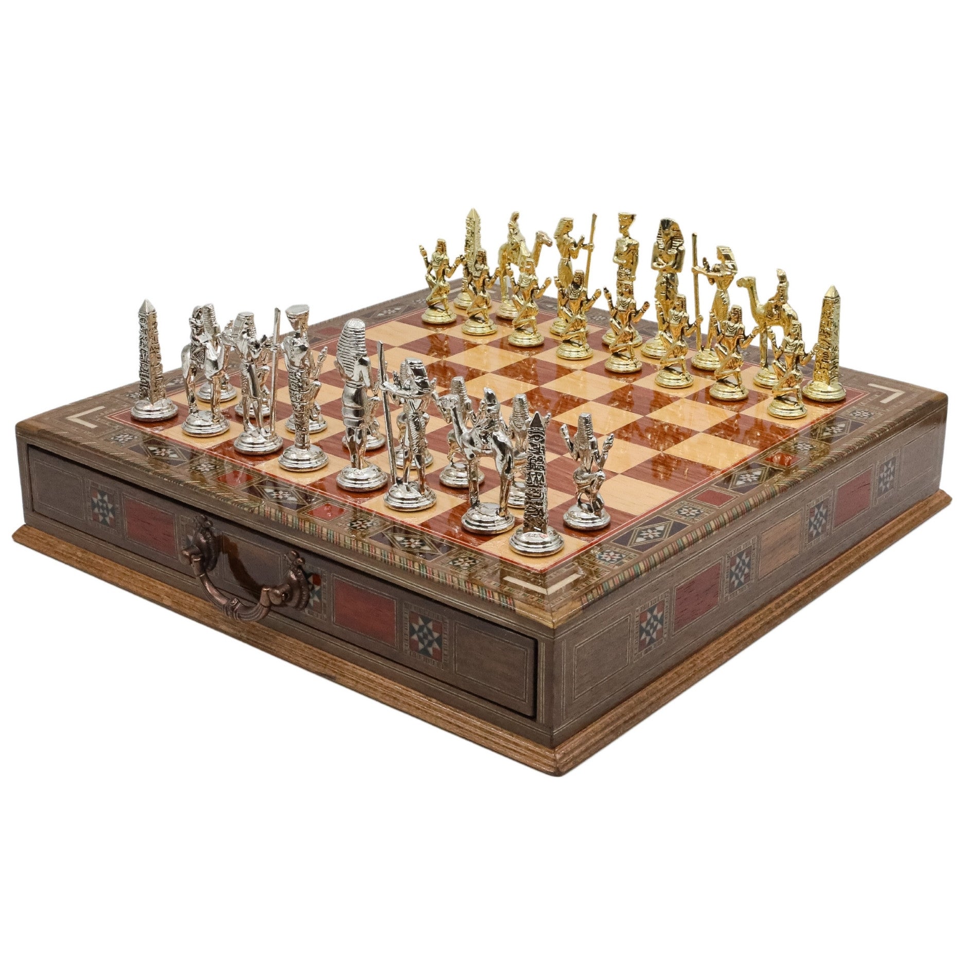 Handmade Inlay Chess Set with Drawer Storage - Die Cast Metal Pieces | Egyptian Queen Cleopatra - Cooper Chess