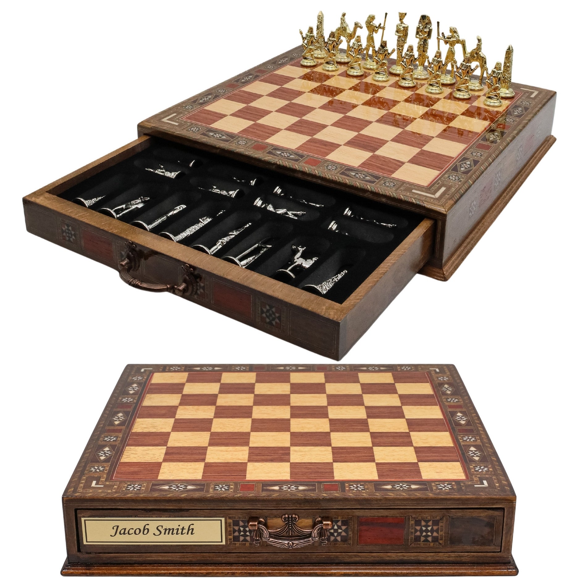 Handmade Inlay Chess Set with Drawer Storage - Die Cast Metal Pieces | Egyptian Queen Cleopatra - Cooper Chess