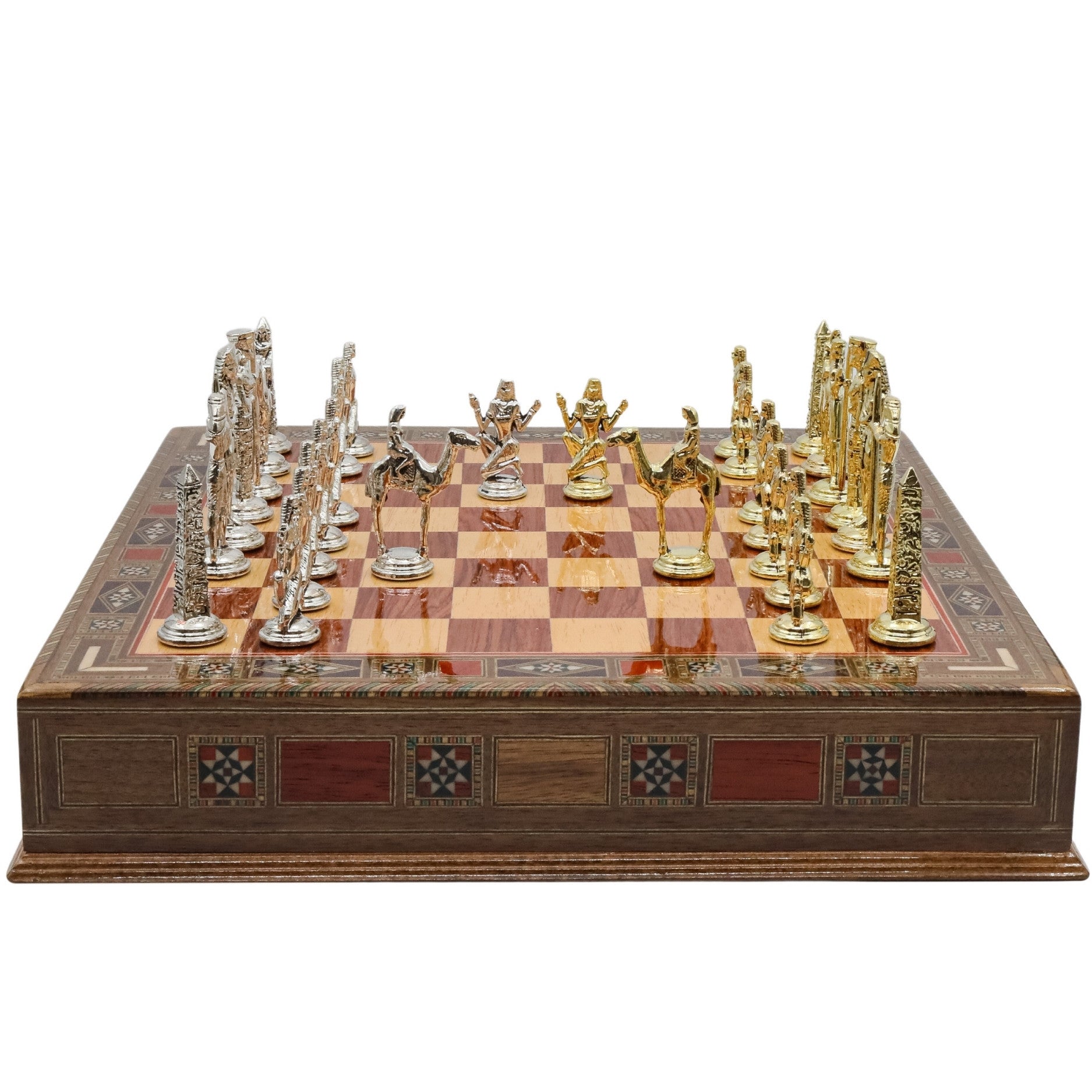 Handmade Inlay Chess Set with Drawer Storage - Die Cast Metal Pieces | Egyptian Queen Cleopatra - Cooper Chess