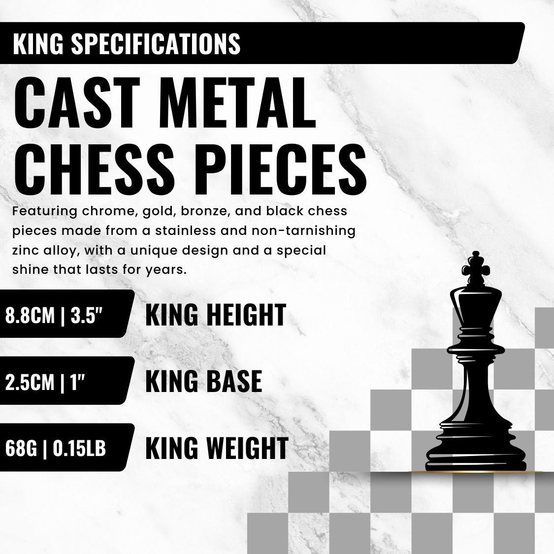 Black Colour Metal Chess Set With Solid Wood Storage Board w/ In - Built Drawer - Cooper Chess