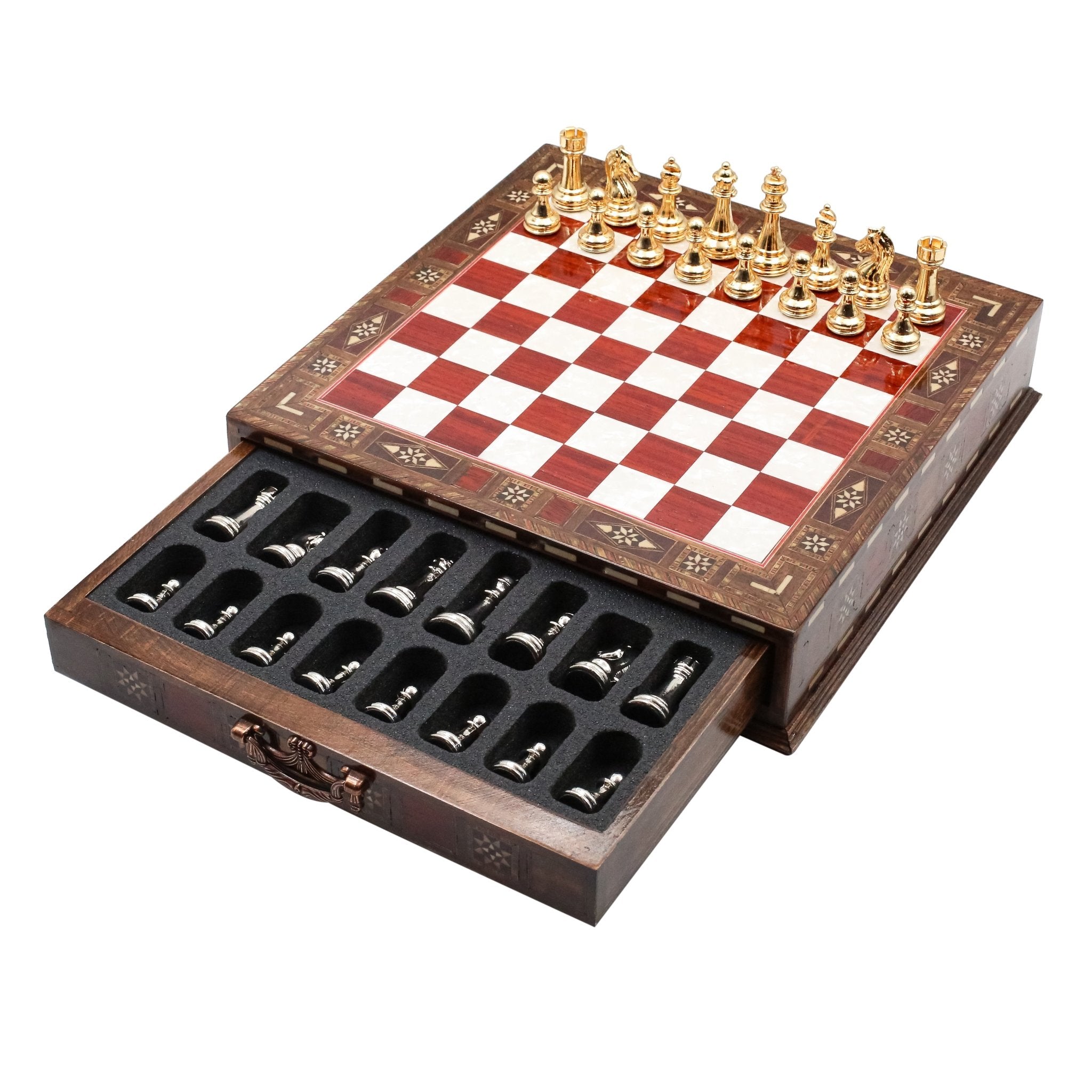 Handmade Inlay Chess Set with Drawer Storage 30 CM (12") - Die Cast Metal Staunton Pieces | Gold vs Silver - Cooper Chess