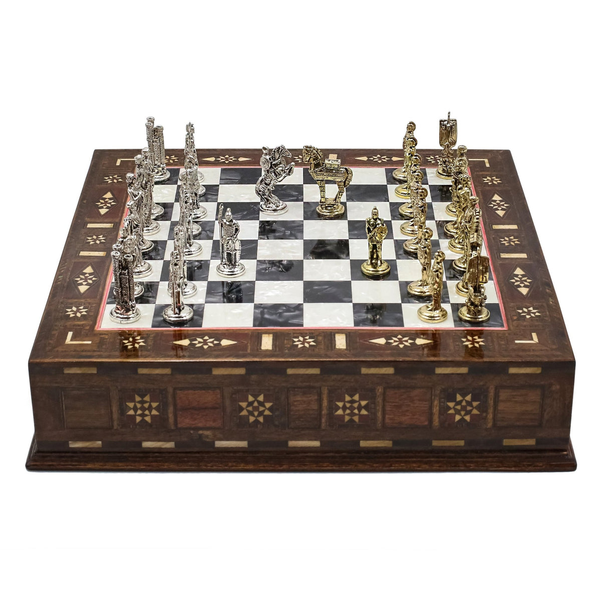 Handmade Inlay Chess Set with Drawer Storage 30 CM (12") - Die Cast Metal Pieces | Troy War Themed - Cooper Chess
