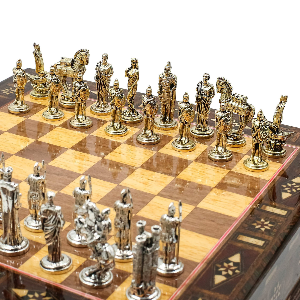 Handmade Inlay Chess Set with Drawer Storage 30 CM (12") - Die Cast Metal Pieces | Troy War Themed - Cooper Chess