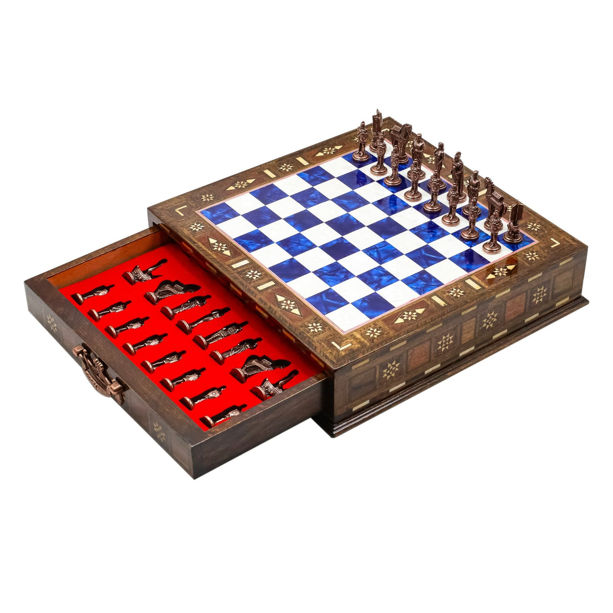 Handmade Inlay Chess Set with Drawer Storage 30 CM (12") - Die Cast Vintage Metal Pieces | Troy War Themed - Cooper Chess
