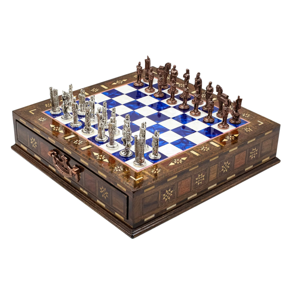 Handmade Inlay Chess Set with Drawer Storage 30 CM (12") - Die Cast Vintage Metal Pieces | Troy War Themed - Cooper Chess