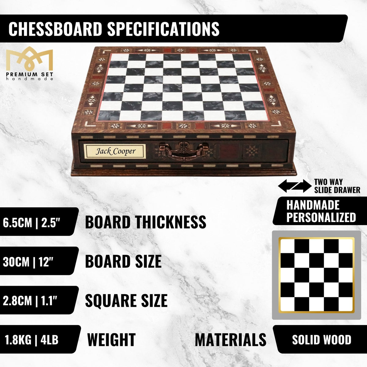 Handmade Inlay Chess Set with Drawer Storage 30 CM (12") - Die Cast Vintage Metal Pieces | Troy War Themed - Cooper Chess
