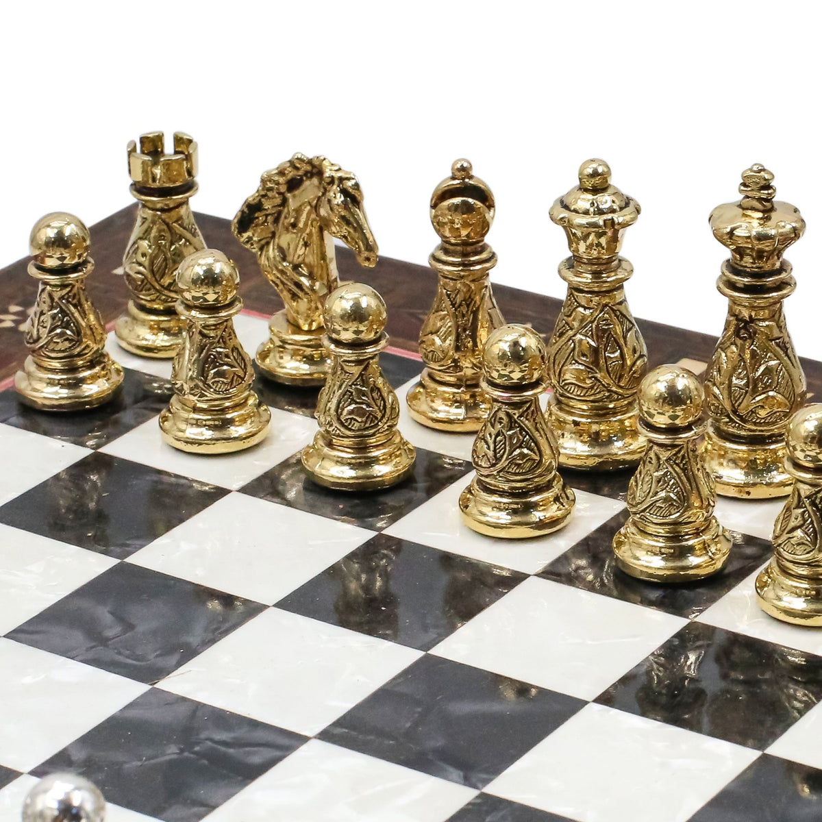 Crystal Baroque Gold Metal Chess Set With Solid Wood Storage Board w/ In-Built Drawer | 30 CM (12 INCH) - Cooper Chess