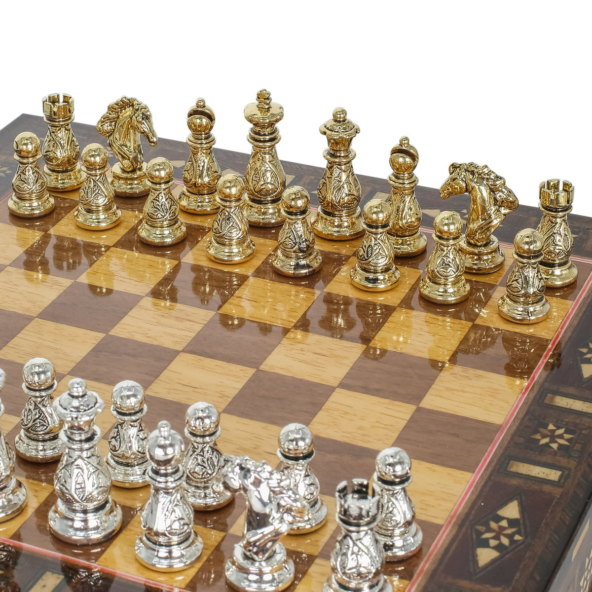 Crystal Baroque Gold Metal Chess Set With Solid Wood Storage Board w/ In-Built Drawer | 30 CM (12 INCH) - Cooper Chess