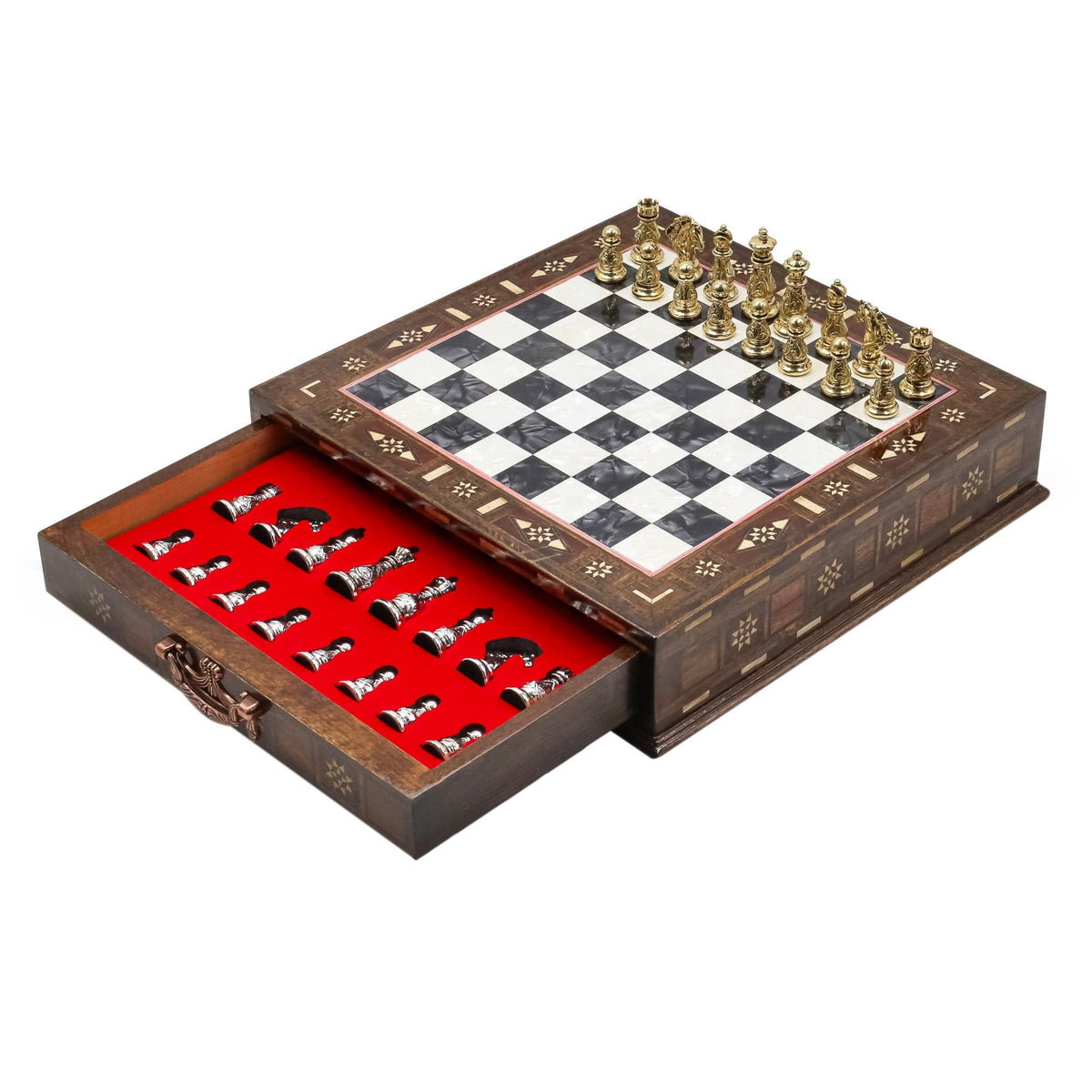 Crystal Baroque Gold Metal Chess Set With Solid Wood Storage Board w/ In-Built Drawer | 30 CM (12 INCH) - Cooper Chess