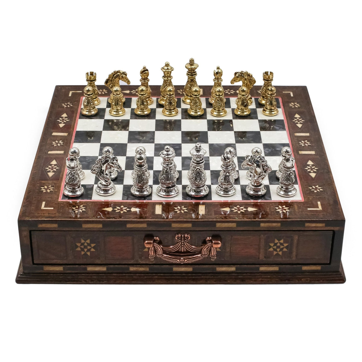 Crystal Baroque Gold Metal Chess Set With Solid Wood Storage Board w/ In-Built Drawer | 30 CM (12 INCH) - Cooper Chess