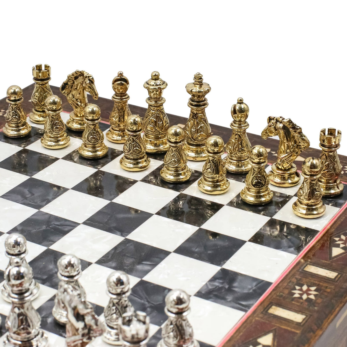 Crystal Baroque Gold Metal Chess Set With Solid Wood Storage Board w/ In-Built Drawer | 30 CM (12 INCH) - Cooper Chess