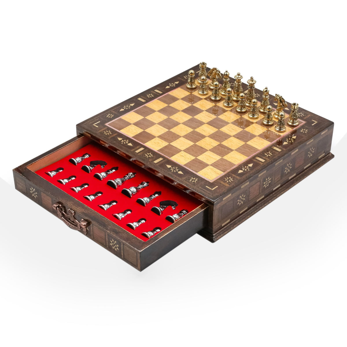 Crystal Baroque Gold Metal Chess Set With Solid Wood Storage Board w/ In-Built Drawer | 30 CM (12 INCH) - Cooper Chess