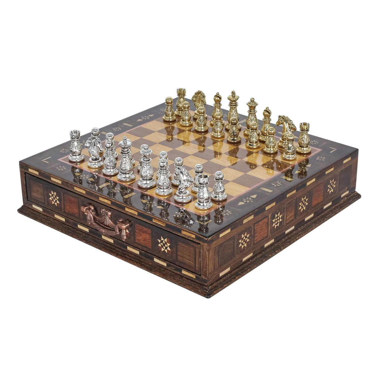 Crystal Baroque Gold Metal Chess Set With Solid Wood Storage Board w/ In-Built Drawer | 30 CM (12 INCH) - Cooper Chess