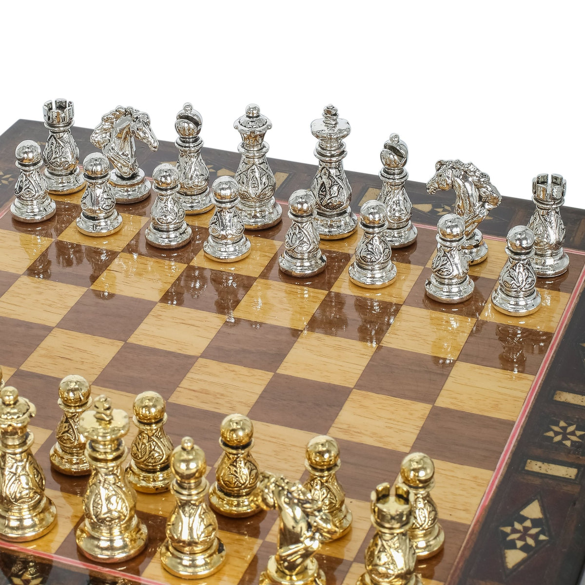 Crystal Baroque Gold Metal Chess Set With Solid Wood Storage Board w/ In-Built Drawer | 30 CM (12 INCH) - Cooper Chess