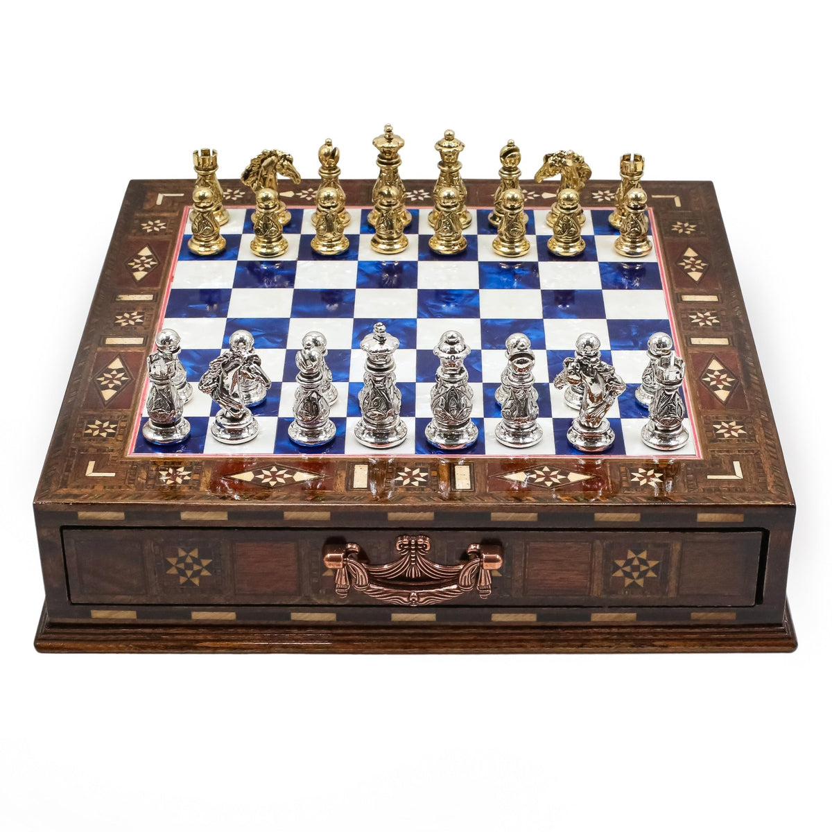 Crystal Baroque Gold Metal Chess Set With Solid Wood Storage Board w/ In-Built Drawer | 30 CM (12 INCH) - Cooper Chess
