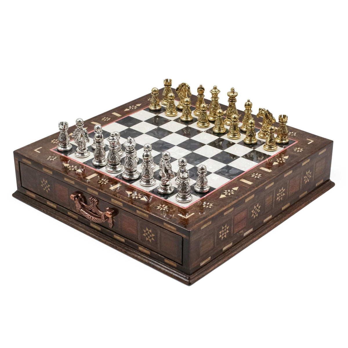 Crystal Baroque Gold Metal Chess Set With Solid Wood Storage Board w/ In-Built Drawer | 30 CM (12 INCH) - Cooper Chess