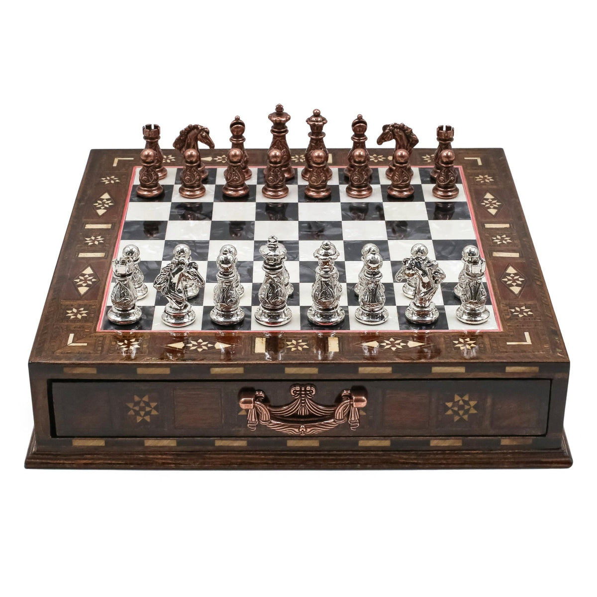 Crystal Baroque Bronze Metal Chess Set With Solid Wood Storage Board w/ In-Built Drawer | 30 CM (12 INCH) - Cooper Chess