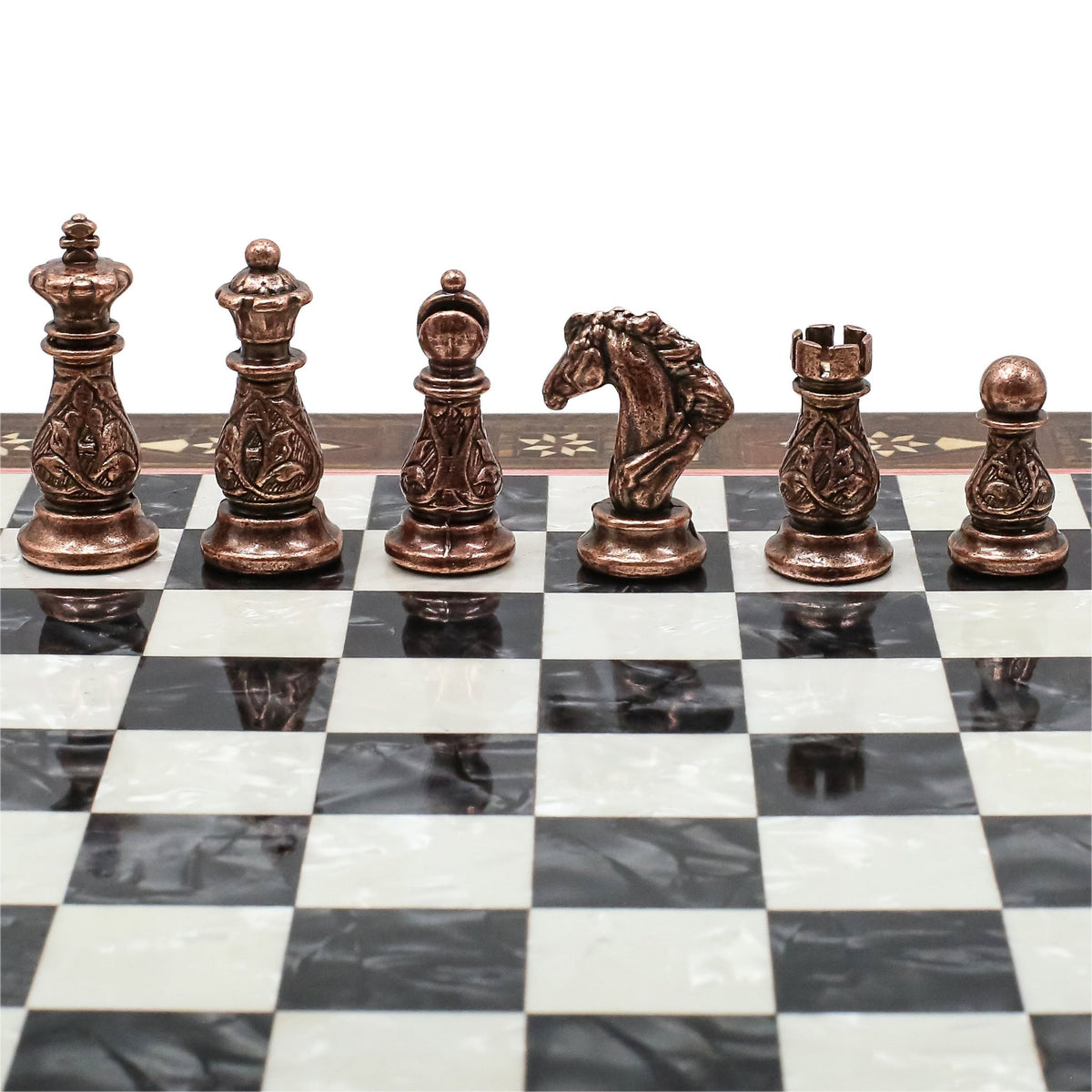 Crystal Baroque Bronze Metal Chess Set With Solid Wood Storage Board w/ In-Built Drawer | 30 CM (12 INCH) - Cooper Chess