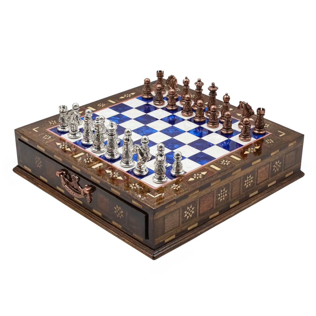 Crystal Baroque Bronze Metal Chess Set With Solid Wood Storage Board w/ In-Built Drawer | 30 CM (12 INCH) - Cooper Chess