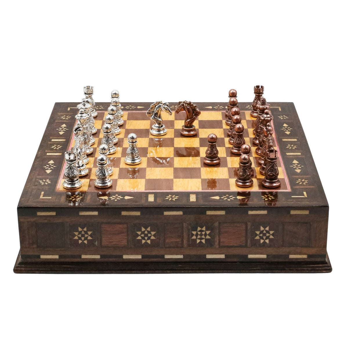 Crystal Baroque Bronze Metal Chess Set With Solid Wood Storage Board w/ In-Built Drawer | 30 CM (12 INCH) - Cooper Chess