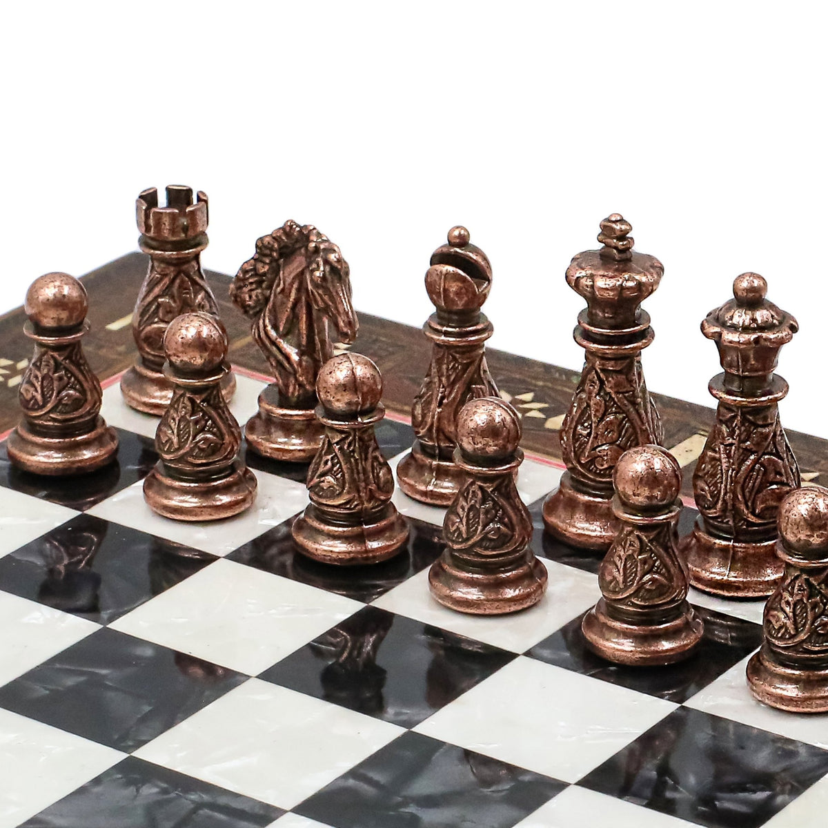 Crystal Baroque Bronze Metal Chess Set With Solid Wood Storage Board w/ In-Built Drawer | 30 CM (12 INCH) - Cooper Chess