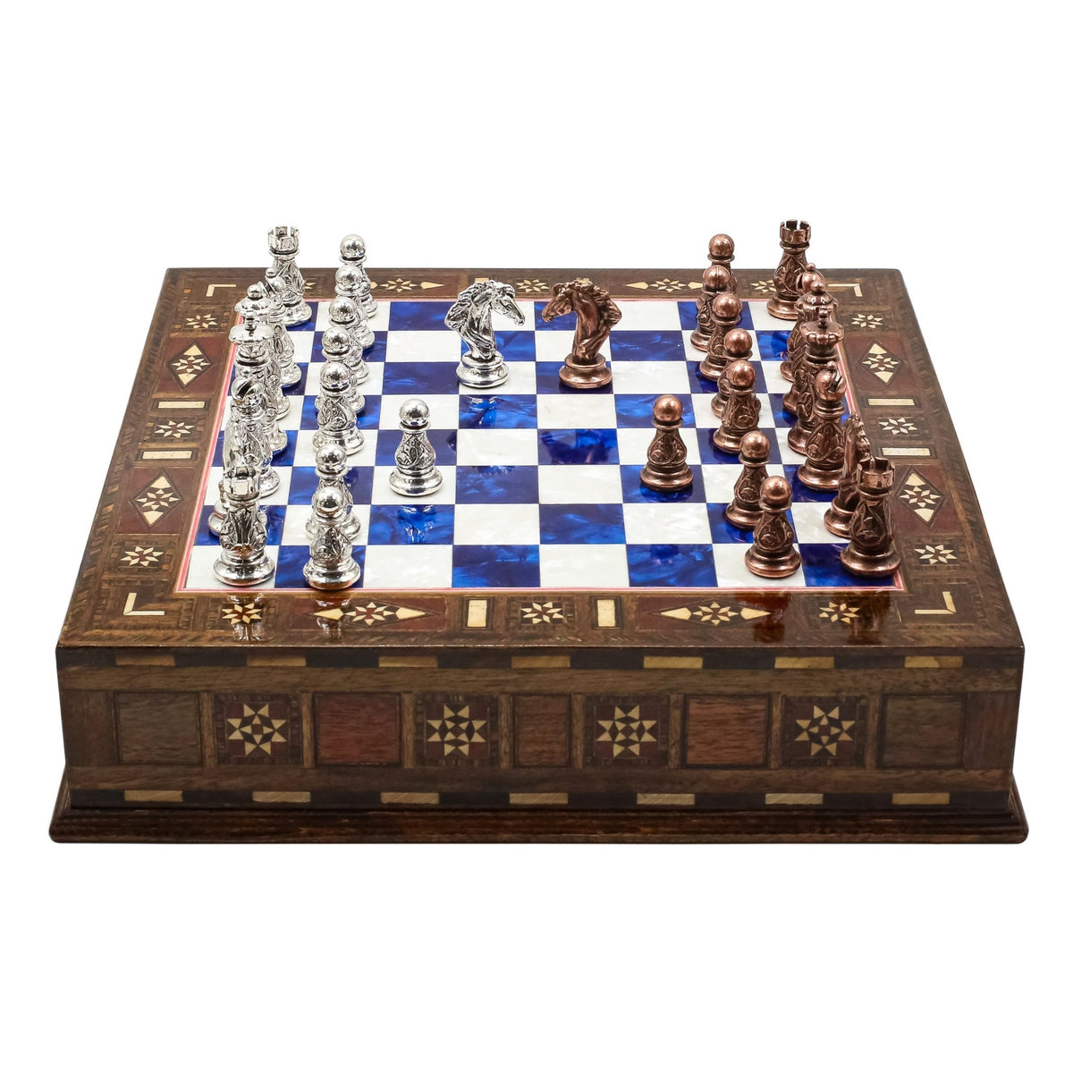 Crystal Baroque Bronze Metal Chess Set With Solid Wood Storage Board w/ In-Built Drawer | 30 CM (12 INCH) - Cooper Chess