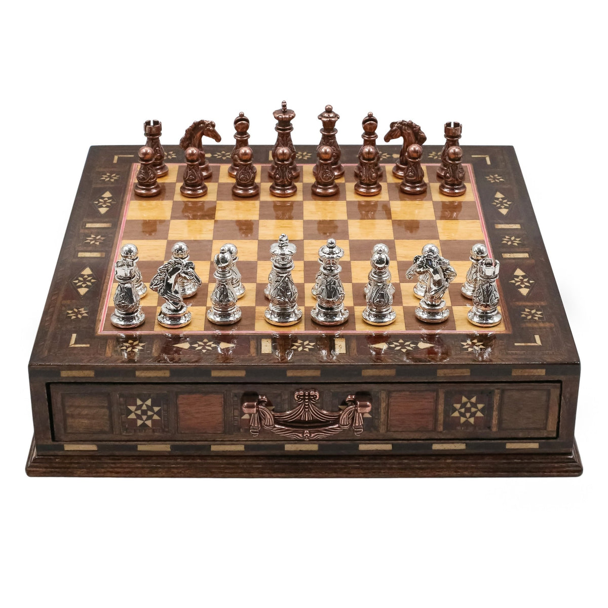 Crystal Baroque Bronze Metal Chess Set With Solid Wood Storage Board w/ In-Built Drawer | 30 CM (12 INCH) - Cooper Chess