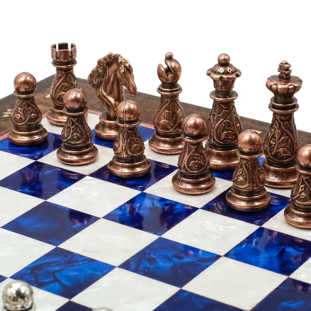 Crystal Baroque Bronze Metal Chess Set With Solid Wood Storage Board w/ In-Built Drawer | 30 CM (12 INCH) - Cooper Chess