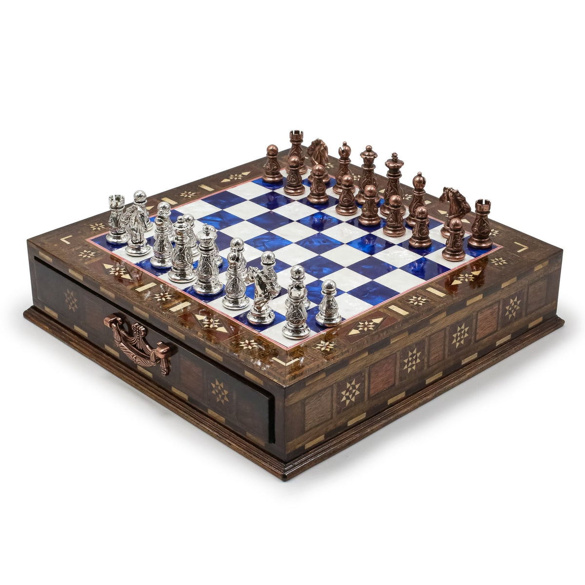 Crystal Baroque Bronze Metal Chess Set With Solid Wood Storage Board w/ In-Built Drawer | 30 CM (12 INCH) - Cooper Chess