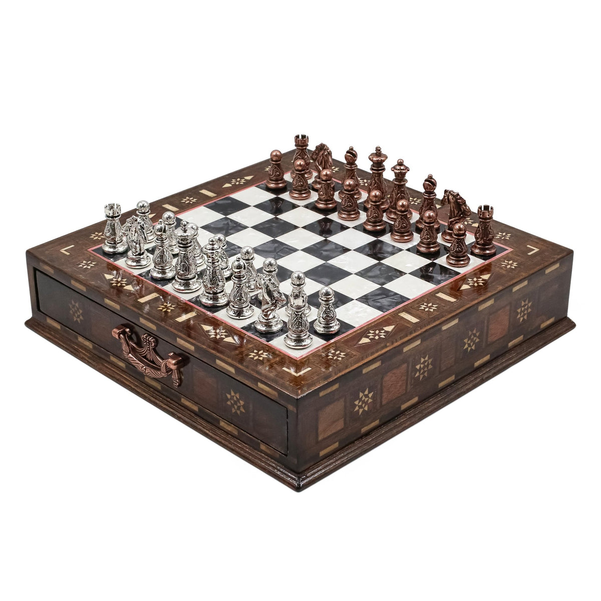Crystal Baroque Bronze Metal Chess Set With Solid Wood Storage Board w/ In-Built Drawer | 30 CM (12 INCH) - Cooper Chess