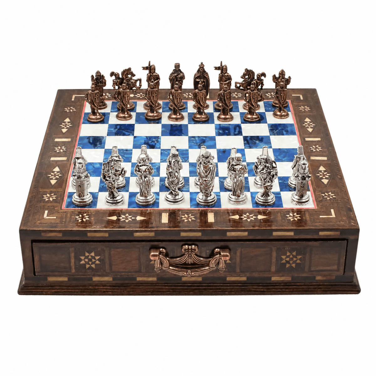 Handmade Inlay Chess Set with Drawer Storage 30 CM (12") - Die Cast Vintage Metal Pieces | Ottoman vs Byzantine War Themed - Cooper Chess
