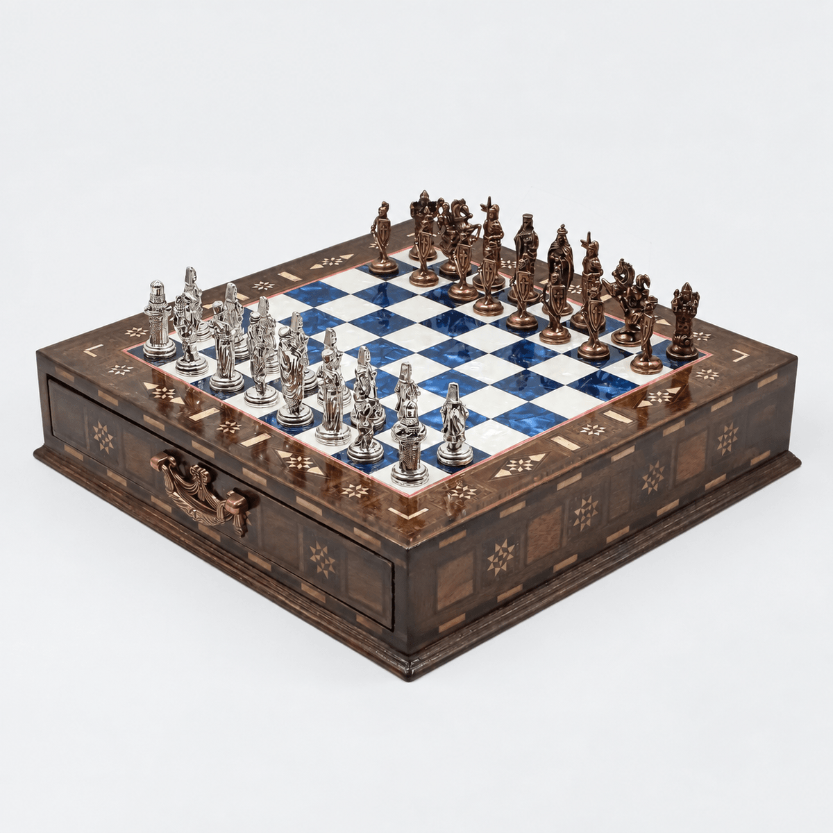 Handmade Inlay Chess Set with Drawer Storage 30 CM (12") - Die Cast Vintage Metal Pieces | Ottoman vs Byzantine War Themed - Cooper Chess