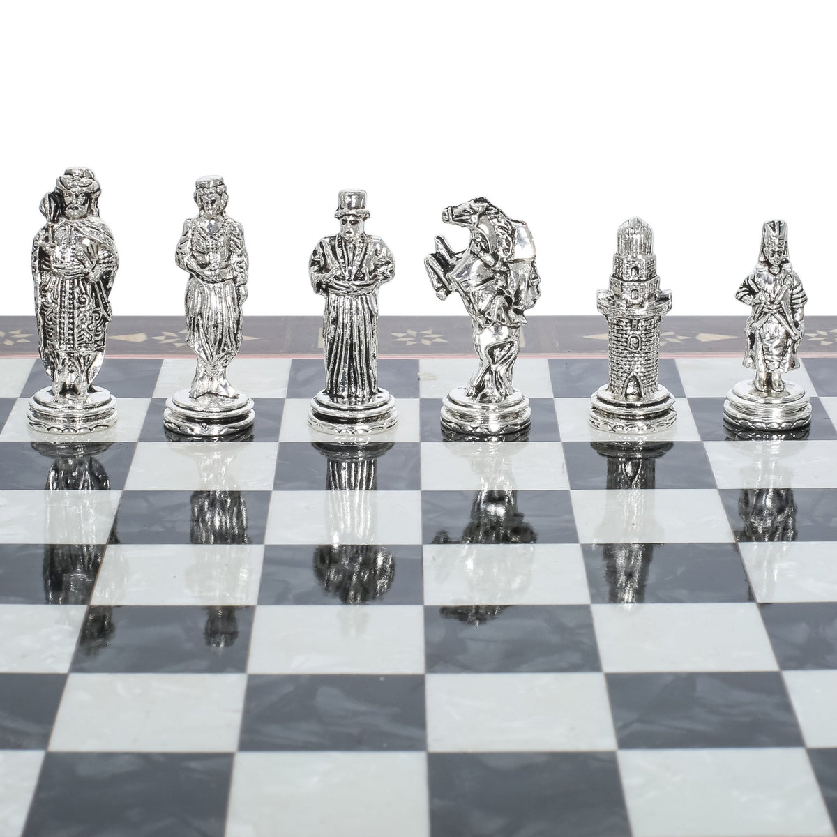 Handmade Inlay Chess Set with Drawer Storage 30 CM (12") - Die Cast Vintage Metal Pieces | Ottoman vs Byzantine War Themed - Cooper Chess