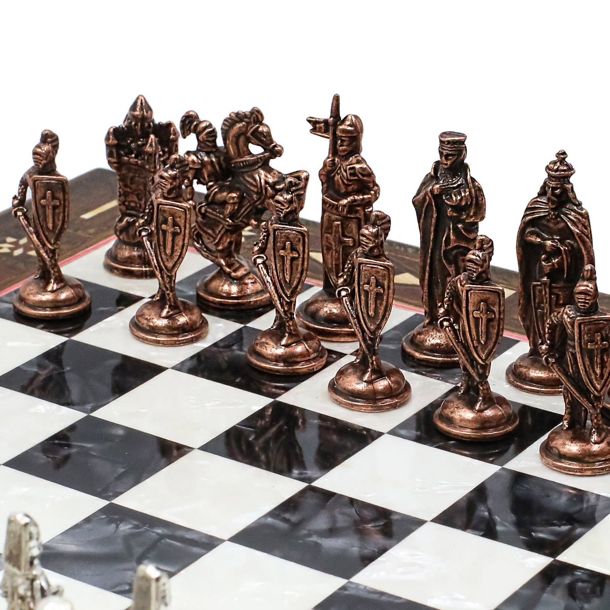 Handmade Inlay Chess Set with Drawer Storage 30 CM (12") - Die Cast Vintage Metal Pieces | Ottoman vs Byzantine War Themed - Cooper Chess