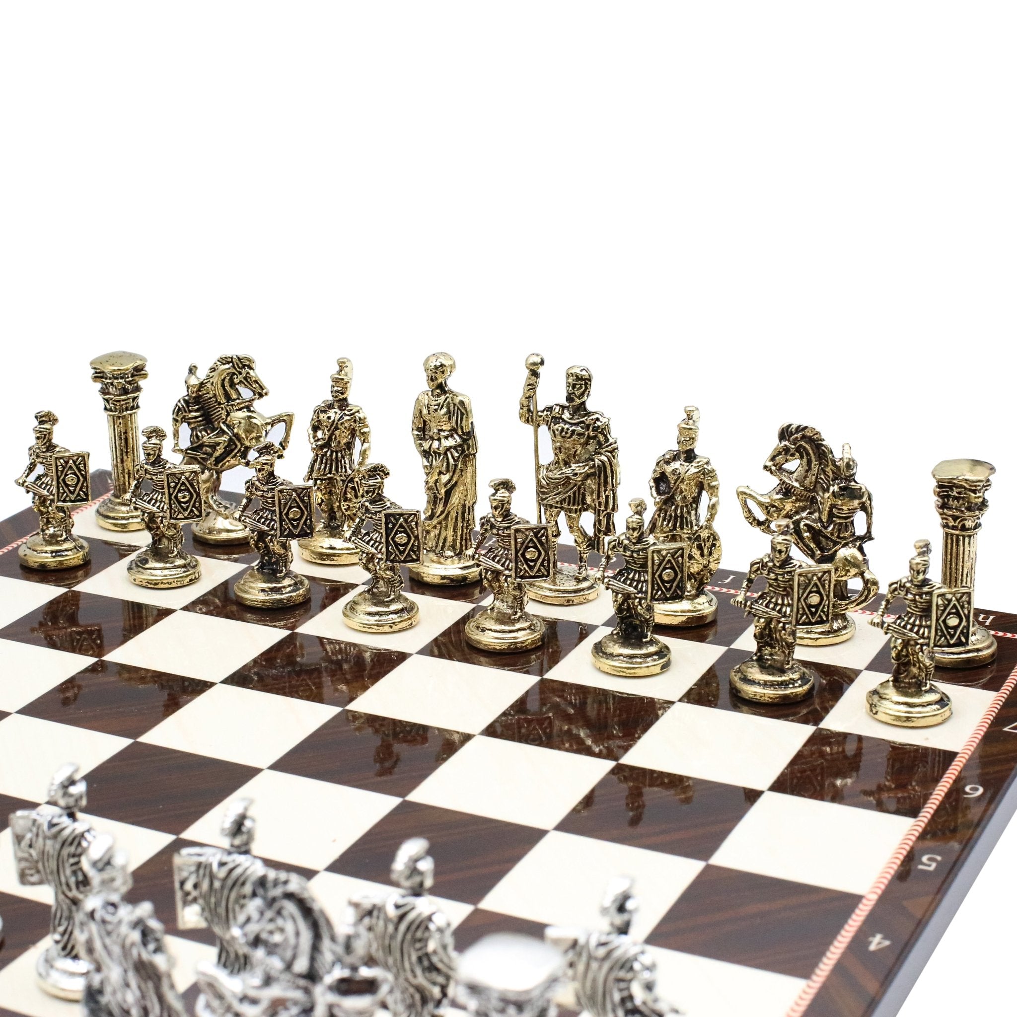 Roman Caesar Metal Chess Set | Wooden Chess Board 37CM (15") - Cooper Chess