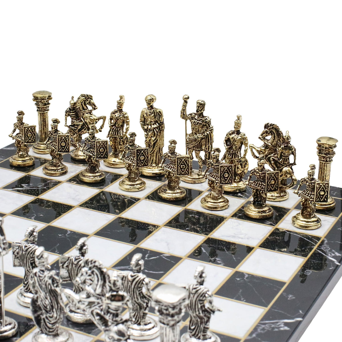 Roman Caesar Metal Chess Set | Wooden Chess Board 37CM (15