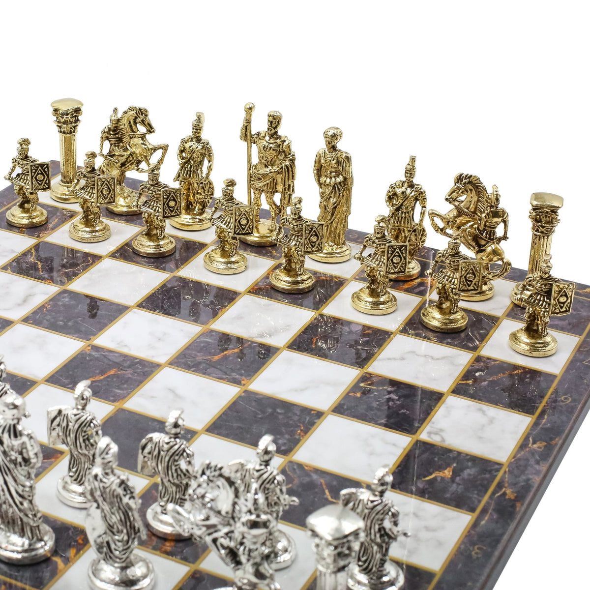 Roman Caesar Metal Chess Set | Wooden Chess Board 37CM (15") - Cooper Chess
